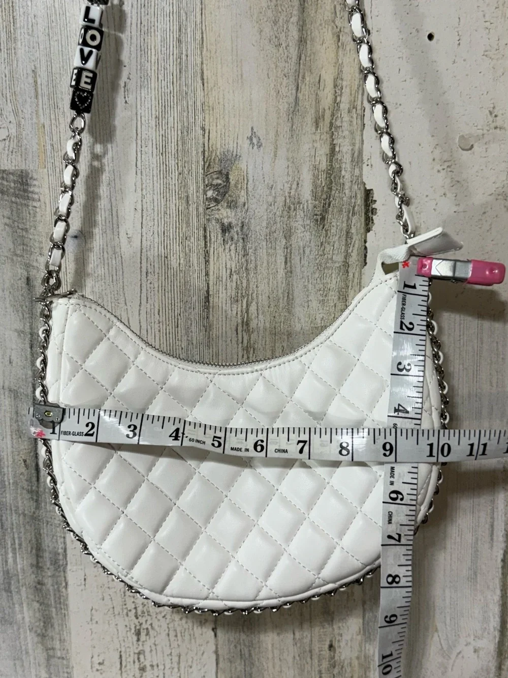 White Quilted Crossbody Bag with Chain Strap and Beaded 'LOVE' Accent